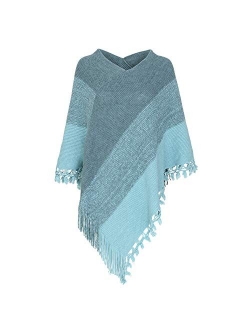 Women Striped Poncho with Tassels Knitted Shawl Scarf Fringed Wrap Sweater Pullover Cape