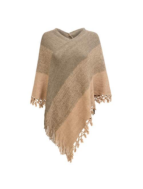 Women Striped Poncho with Tassels Knitted Shawl Scarf Fringed Wrap Sweater Pullover Cape