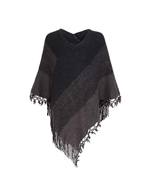 Women Striped Poncho with Tassels Knitted Shawl Scarf Fringed Wrap Sweater Pullover Cape