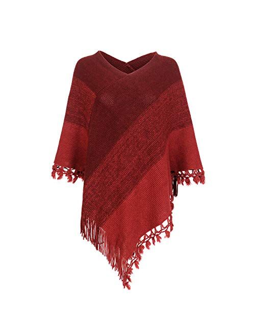 Women Striped Poncho with Tassels Knitted Shawl Scarf Fringed Wrap Sweater Pullover Cape