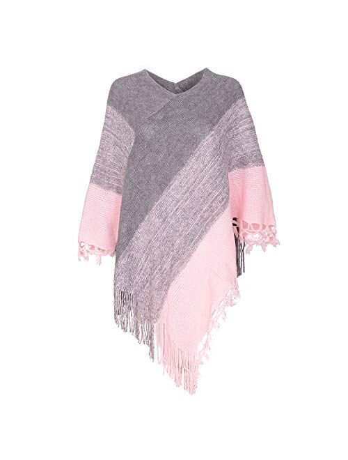 Women Striped Poncho with Tassels Knitted Shawl Scarf Fringed Wrap Sweater Pullover Cape