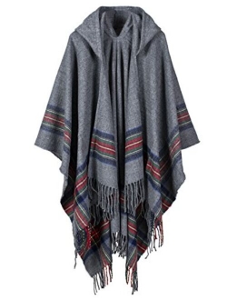 Yeokou Women's Loose Fit Hooded Tartan Cape Poncho Shawl Wrap Long Cardigans