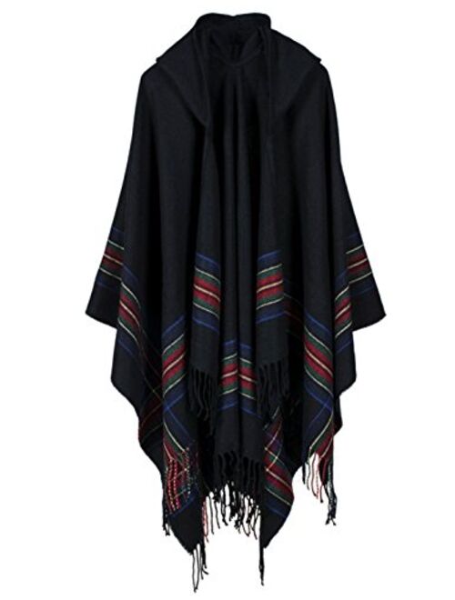 Yeokou Women's Loose Fit Hooded Tartan Cape Poncho Shawl Wrap Long Cardigans