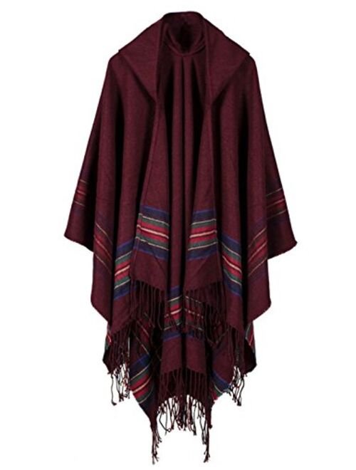 Yeokou Women's Loose Fit Hooded Tartan Cape Poncho Shawl Wrap Long Cardigans