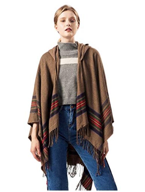 Yeokou Women's Loose Fit Hooded Tartan Cape Poncho Shawl Wrap Long Cardigans