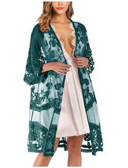 Romanstii Women's Lace Cardigan Floral Crochet Sheer Beach Cover Ups Long Kimono