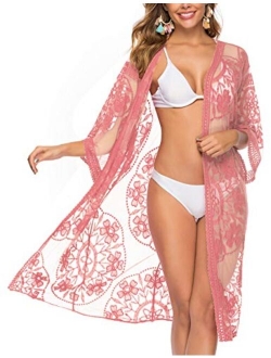 Romanstii Women's Lace Cardigan Floral Crochet Sheer Beach Cover Ups Long Kimono