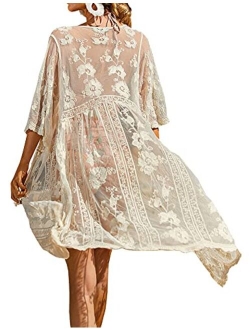 Romanstii Women's Lace Cardigan Floral Crochet Sheer Beach Cover Ups Long Kimono