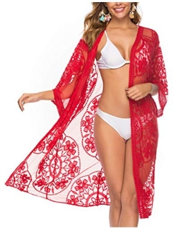 Romanstii Women's Lace Cardigan Floral Crochet Sheer Beach Cover Ups Long Kimono