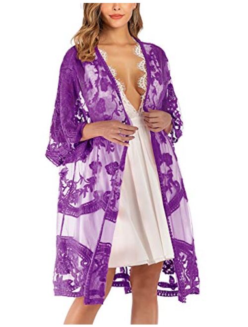 Romanstii Women's Lace Cardigan Floral Crochet Sheer Beach Cover Ups Long Kimono