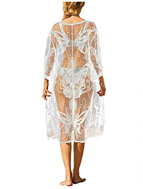 Romanstii Women's Lace Cardigan Floral Crochet Sheer Beach Cover Ups Long Kimono