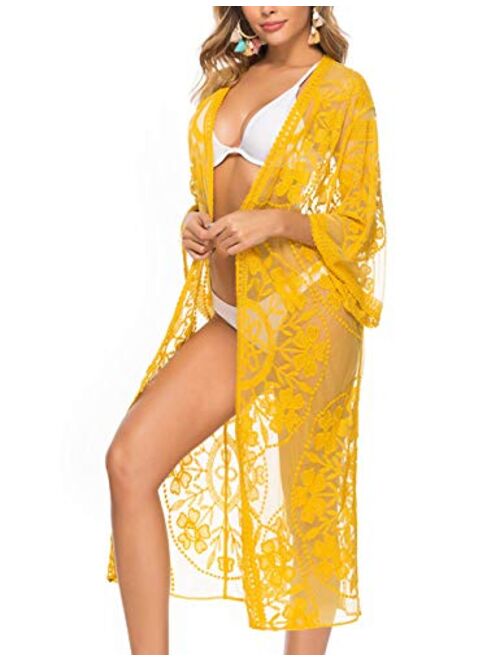 Romanstii Women's Lace Cardigan Floral Crochet Sheer Beach Cover Ups Long Kimono