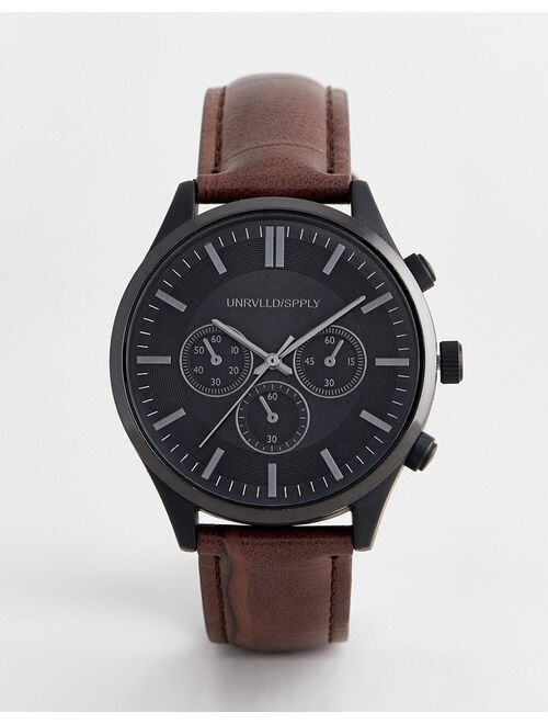 Asos Design classic watch with contrast black case and mock croc strap in brown