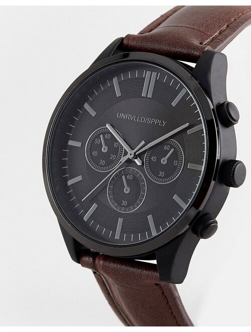 Asos Design classic watch with contrast black case and mock croc strap in brown