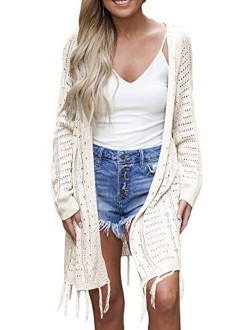 Soulomelody Womens Lightweight Knit Cardigans Open Front Hollow Out Crochet Tassel Long Sleeve Sweater Coat