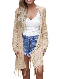 Soulomelody Womens Lightweight Knit Cardigans Open Front Hollow Out Crochet Tassel Long Sleeve Sweater Coat