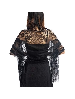 Ladiery Women's Floral Lace Scarf Shawl with Tassels, Soft Mesh Fringe Wraps for Wedding Evening Party Dresses