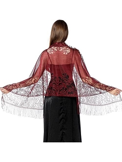 Ladiery Women's Floral Lace Scarf Shawl with Tassels, Soft Mesh Fringe Wraps for Wedding Evening Party Dresses