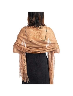 Ladiery Women's Floral Lace Scarf Shawl with Tassels, Soft Mesh Fringe Wraps for Wedding Evening Party Dresses