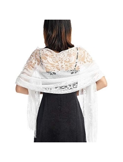 Ladiery Women's Floral Lace Scarf Shawl with Tassels, Soft Mesh Fringe Wraps for Wedding Evening Party Dresses