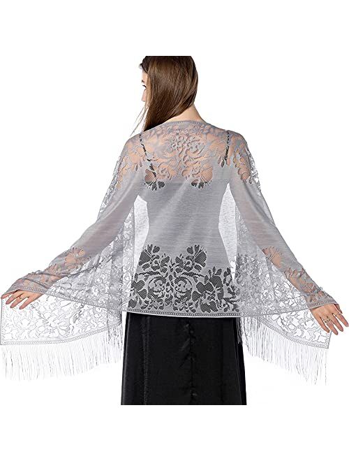 Ladiery Women's Floral Lace Scarf Shawl with Tassels, Soft Mesh Fringe Wraps for Wedding Evening Party Dresses