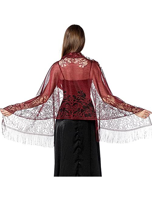 Ladiery Women's Floral Lace Scarf Shawl with Tassels, Soft Mesh Fringe Wraps for Wedding Evening Party Dresses