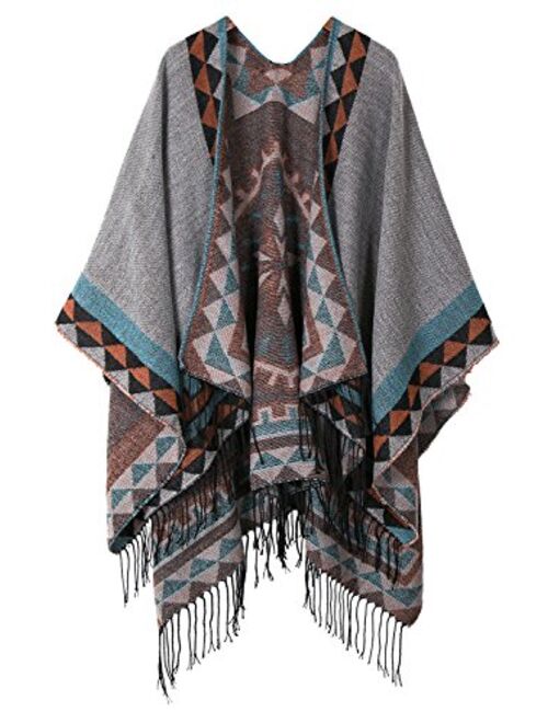 Women's Warm Shawls Wraps Open Front Cardigan Vintage Pattern Poncho Cape Sweater Coat