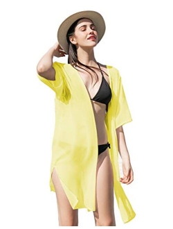 LA CARRIE Women's Chiffon Kimono Cardigan Cover Up with Half Sleeve Summer Sheer Beachwear Swimsuit for Bikini