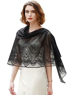 RIIQIICHY Women's Floral Lace Mesh Party Prom Wedding Shawl Scarf with Fringe