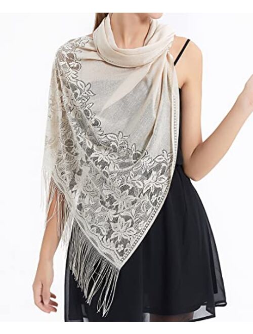 RIIQIICHY Women's Floral Lace Mesh Party Prom Wedding Shawl Scarf with Fringe