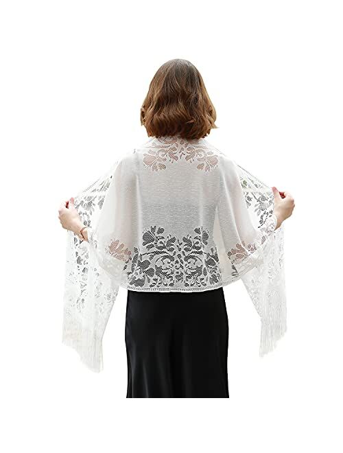 RIIQIICHY Women's Floral Lace Mesh Party Prom Wedding Shawl Scarf with Fringe