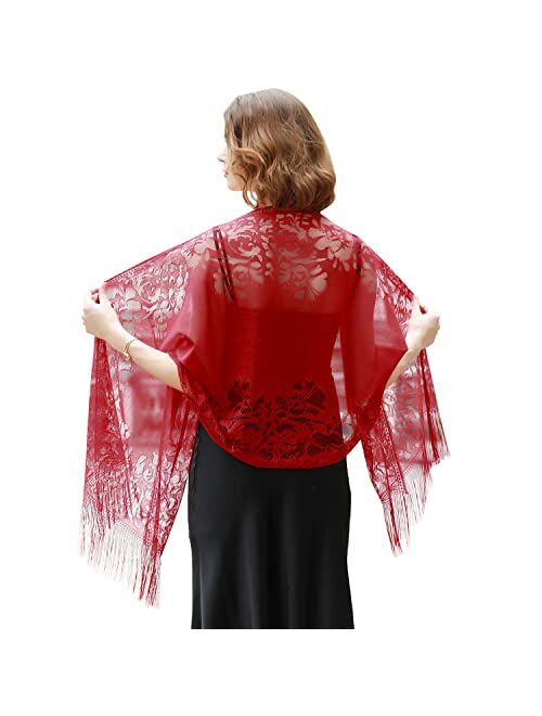 RIIQIICHY Women's Floral Lace Mesh Party Prom Wedding Shawl Scarf with Fringe