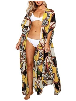 Bsubseach Womens Leopard Print Long Bikini Cover Up Flowy Beach Kimono Cardigan