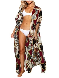 Bsubseach Womens Leopard Print Long Bikini Cover Up Flowy Beach Kimono Cardigan