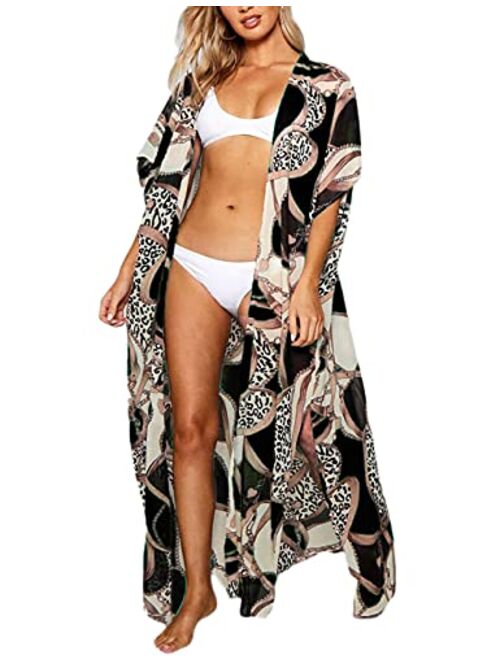 Bsubseach Womens Leopard Print Long Bikini Cover Up Flowy Beach Kimono Cardigan