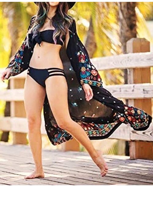 GRACIN Womens Beach Swimsuit Cover Up Long Floral Kimono Cardigan Bohemian Loose Blouse