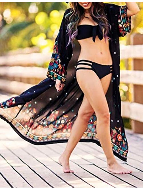 GRACIN Womens Beach Swimsuit Cover Up Long Floral Kimono Cardigan Bohemian Loose Blouse