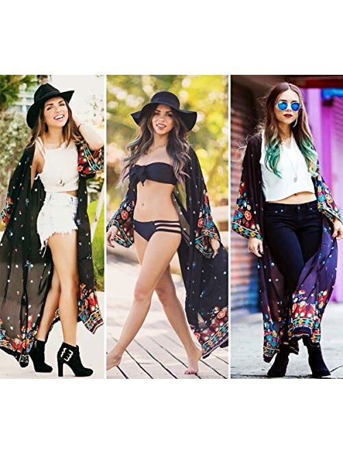 GRACIN Womens Beach Swimsuit Cover Up Long Floral Kimono Cardigan Bohemian Loose Blouse