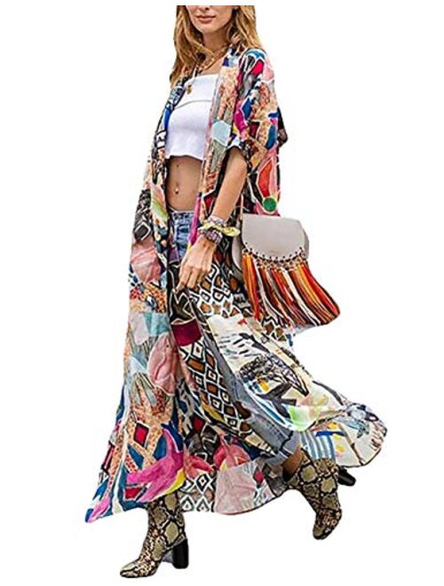 GRACIN Womens Beach Swimsuit Cover Up Long Floral Kimono Cardigan Bohemian Loose Blouse