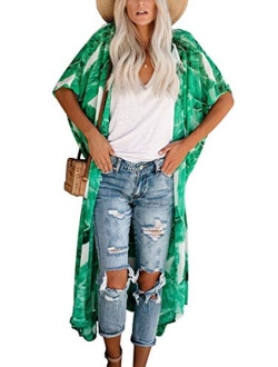 Hibluco Women's Long Floral Kimono Printed Cardigan Sheer Swimsuit Cover Ups