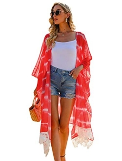 Hibluco Women's Long Floral Kimono Printed Cardigan Sheer Swimsuit Cover Ups