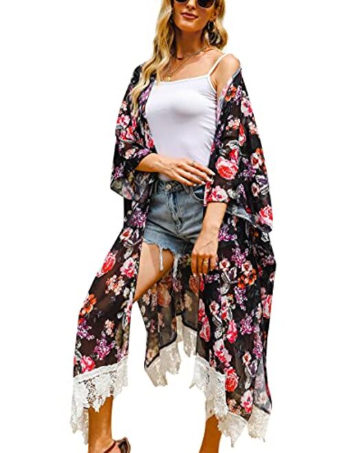 Hibluco Women's Long Floral Kimono Printed Cardigan Sheer Swimsuit Cover Ups