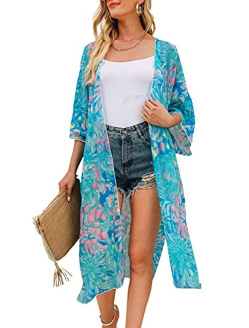 Hibluco Women's Long Floral Kimono Printed Cardigan Sheer Swimsuit Cover Ups