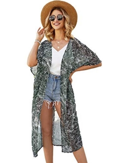 CASURESS Women's Sheer Chiffon Blouse Tops Kimono Cardigan Floral Loose Cover Ups Outwear Plus Size