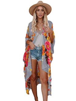 CASURESS Women's Sheer Chiffon Blouse Tops Kimono Cardigan Floral Loose Cover Ups Outwear Plus Size