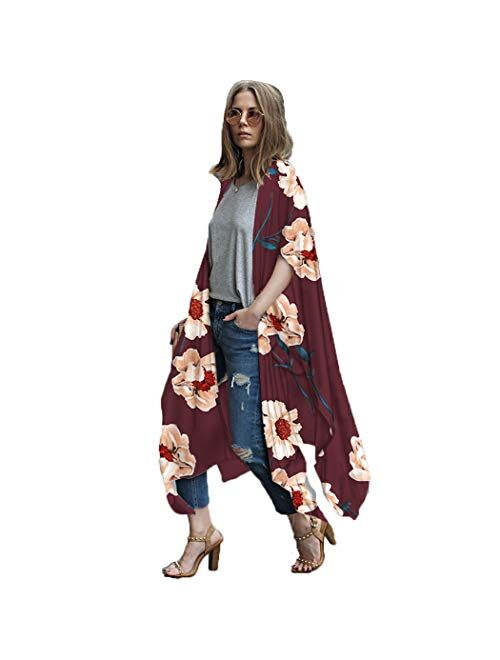 CASURESS Women's Sheer Chiffon Blouse Tops Kimono Cardigan Floral Loose Cover Ups Outwear Plus Size