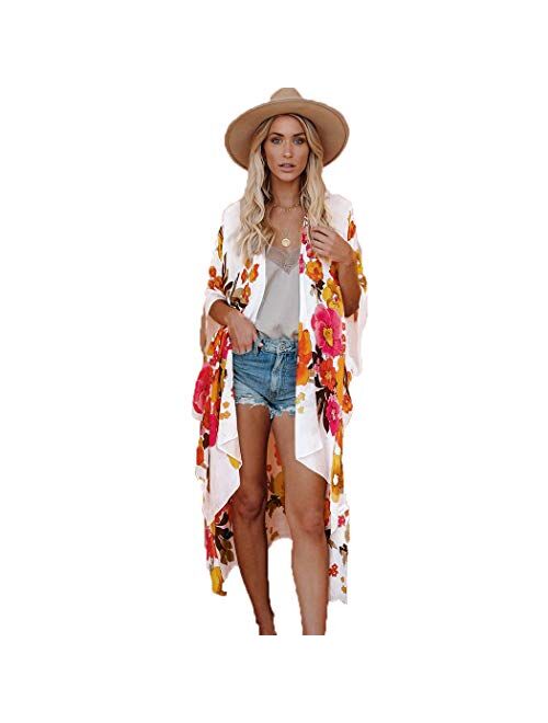 CASURESS Women's Sheer Chiffon Blouse Tops Kimono Cardigan Floral Loose Cover Ups Outwear Plus Size