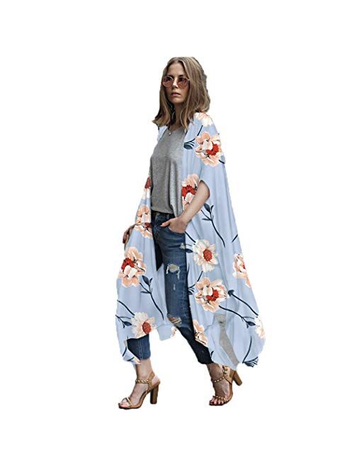 CASURESS Women's Sheer Chiffon Blouse Tops Kimono Cardigan Floral Loose Cover Ups Outwear Plus Size