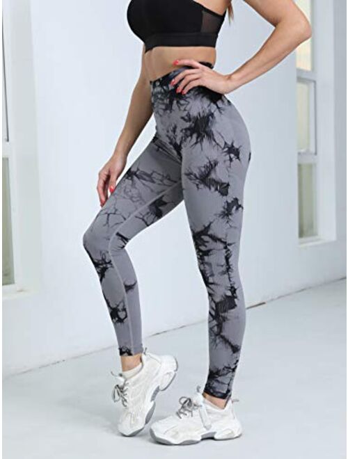 OVESPORT Seamless Leggings for Women Butt Lift High Waist Sexy Tie Dye Yoga Pants Soft Opaque Sports Workout Tights Running