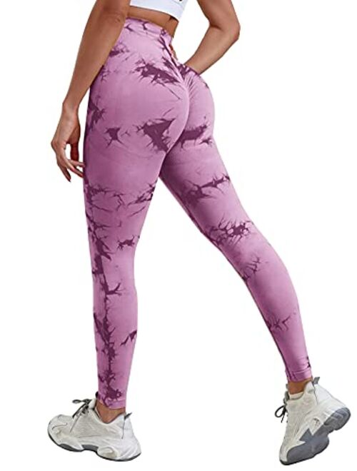 OVESPORT Seamless Leggings for Women Butt Lift High Waist Sexy Tie Dye Yoga Pants Soft Opaque Sports Workout Tights Running